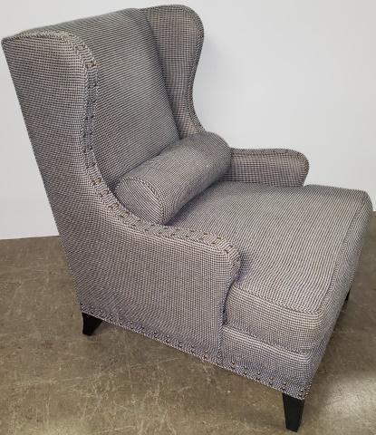 SCALAMANDRE ARMCHAIR: Scalamandre oversized armchair with lumbar pillow, having nailhead accent.