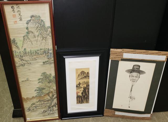 3 PIECES OF ART: Oriental scenes, landscapes and man with pipe, 2 prints and a drawing, along with a microscope in box.