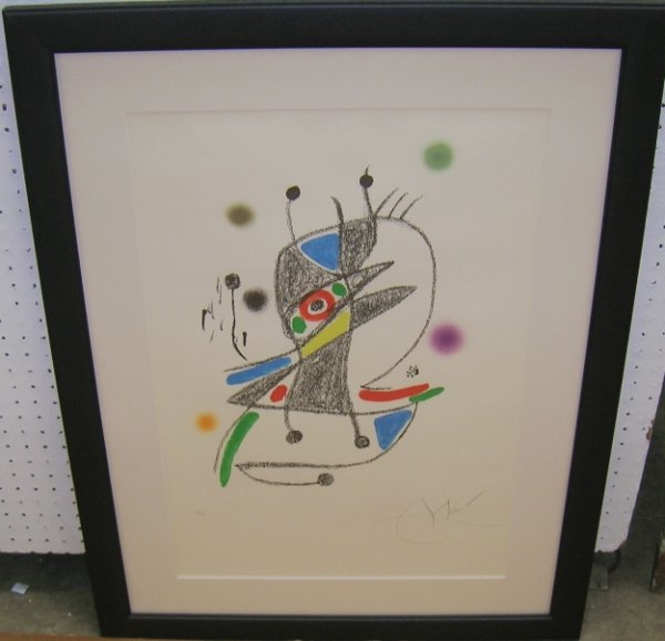 ***MIRO, JOAN: (1893-1983 Spanish) Abstract, framed colored lithograph, signed in pencil lower right margin, this work comes from a Hors Commerce Edition and is numbered that in pencil lower left margin, approximate