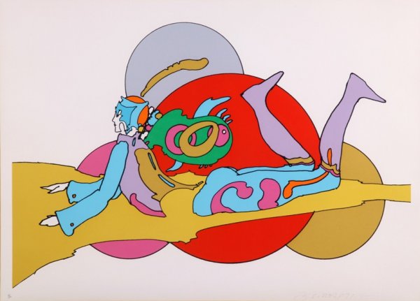 ***MAX, PETER: (Born 1937 American) Surreal figure, framed lithograph with serigraph on Arches watermarked paper, signed in pencil lower right and dated 1971, numbered 18/100 in pencil lower left, bears the Peter Ma