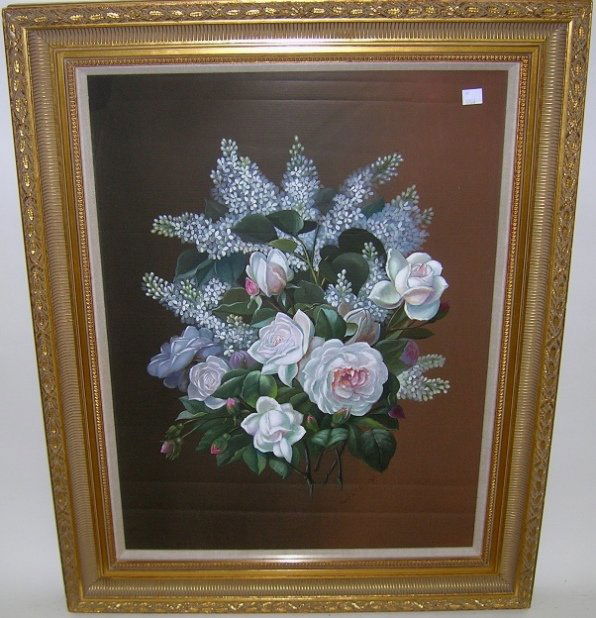 ***DE LONGPRE, RAOUL: (Born 1859 American) Still life with roses on brown background, framed gouache on paper board, signed lower right, approximate image size 24'' x 18'', frame 30'' x 24''.