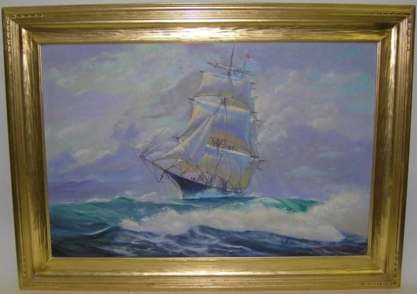 ***WITHAM, EDWIN: (20th Century American) Ship sailing on open waters, framed oil on canvas housed in a Newcomb Macklin frame, signed and dated lower right, approximate image size 24'' x 36'', frame 31 3/4'' x 43 3/4''