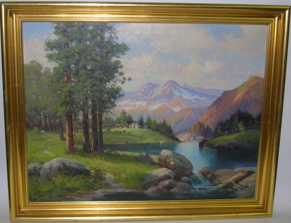 ***WOOD, ROBERT: (1889-1979 American) Vast Impressionist landscape with cattle and cabins in the distance, framed oil on canvas, signed lower left, this work is an original illustration for the Brown & Bigelow Co. of