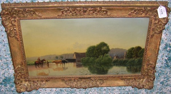 ***BODDINGTON, EDWIN: (1836-1905 English) Cattle along the stream, framed oil on canvas, signed lower right however signature is mostly obscured by frame, approximate image size 12'' x 22'', frame 17'' x 27''.