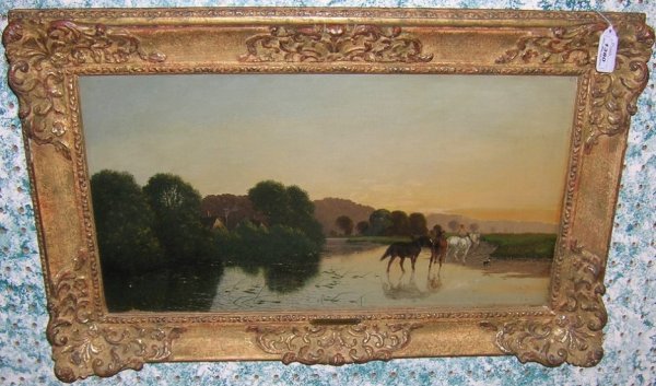 ***BODDINGTON, EDWIN: (1836-1905 English) Leading horses to the stream, framed oil on canvas, signed lower left, approximate image size 12'' x 22'', frame 17'' x 27''.