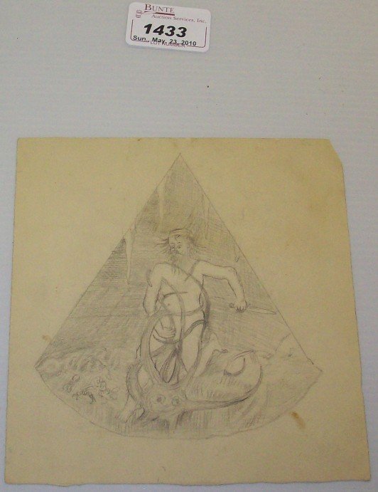 ***ROBINSON, THEODORE: (1852-1896 American) Double sided pencil sketch, one side a figure fighting sea creature, opposite side a sketch of sheep, unsigned, this work comes from the Theodore Robinson family collection, appro