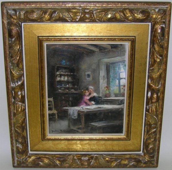 ***HERVE, JULES RENE: (1887-1981 French) Interior with grandmother and child, framed oil on canvas, signed lower left, approximate image size 10 3/4'' x 8 7/8'', frame 19'' x 17''.