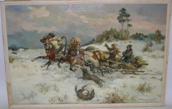 ***PIERZYNSKI, E.: (Polish early 20th Century) Sled being attacked by wolves, oil on canvas housed in a frame liner, signed lower right, approximate image size 24'' x 36'', with liner 25'' x 37''.