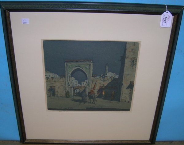 ***SIMON, FRANTISEK TAVIK: (1877-1942 Czechoslovakian) Oriental scene, color aquatint etching, signed in pencil lower right, approximately 10 1/2'' x 11 1/2'', with frame 22'' x 21''.