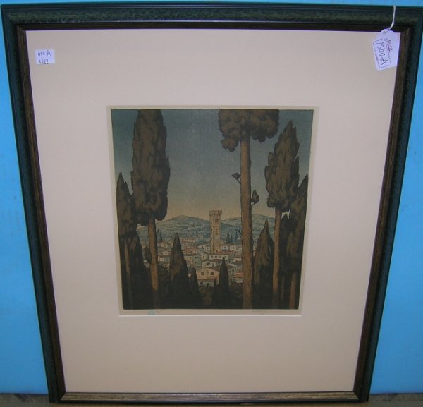 ***SIMON, FRANTISEK TAVIK: (1877-1942 Czechoslovakian) European landscape at dusk, color aquatint etching, signed in pencil lower right, approximately 11 1/4'' x 9 1/4'', with frame 23'' x 18 1/4''.