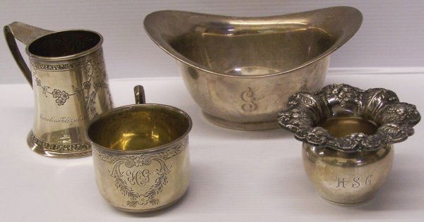 FOUR PIECES OF AMERICAN STERLING SILVER: Comprising a Gorham bowl, Reed & Barton Francis I toothpick holder, and 2 cups, approximate total weight 11 troy ounces.