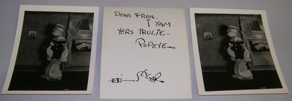 ***THREE POPEYE THE SAILOR FAN MAIL CARDS: ***THREE POPEYE THE SAILOR FAN MAIL CARDS| Depicting photograph of Popeye the Sailor in an interior, all pieces are hand signed by Elzie Segar and inscribed in ink, all are unframed, these pieces come