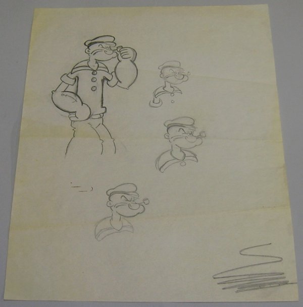 ***SEGAR, ELZIE CRISLER| POPEYE: ***SEGAR, ELZIE CRISLER| (1894-1938 American) Four sketches of Popeye the Sailor, unframed pencil drawing, unsigned, this work comes from the Elzie Segar family collection, approximate paper size 11" 