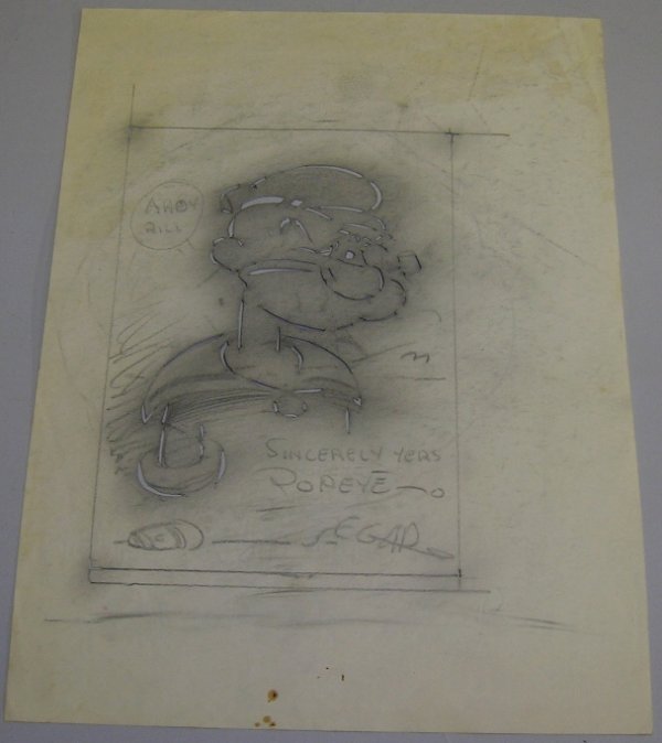 ***SEGAR, ELZIE CRISLER| POPEYE: ***SEGAR, ELZIE CRISLER| (1894-1938 American) Original cut-out stencil for Popeye the Sailor fan mail correspondence containing pencil notations from the artist, signed lower right, this piece comes f