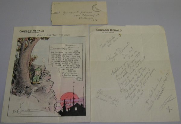 ***SEGAR, ELZIE CRISLER| POPEYE: ***SEGAR, ELZIE CRISLER| (1894-1938 American) Two pieces, a full page watercolor letter to artist's future wife Myrtle in Chester, Illinois, signed lower left, approximate image size 9" x 7 1/2", alon