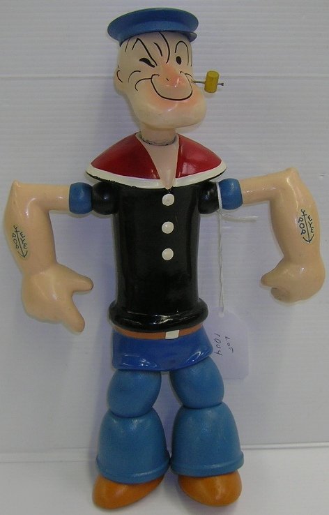 ***SEGAR, ELZIE CRISLER| 11" jointed Popeye figu: ***SEGAR, ELZIE CRISLER| (1894-1938 American), 11" jointed Popeye figure, having decal on bottom of left foot reading J. Chein & Co. Harrison N.J. Made in USA, stamped on bottom of right foot KING FEA