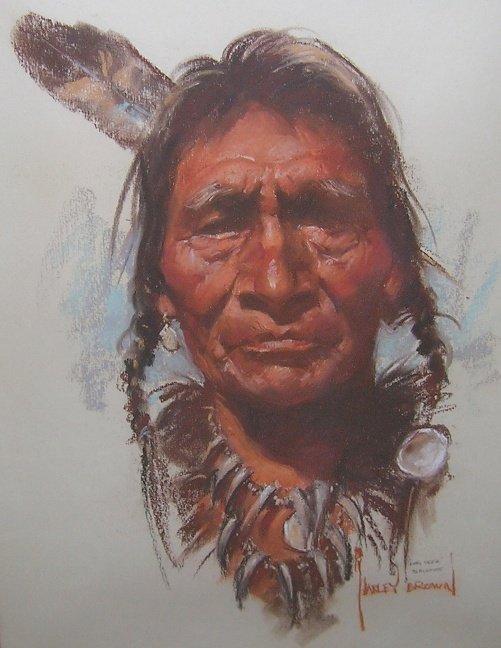 ***BROWN, HARLEY| (Born 1937 Canadian): ***BROWN, HARLEY| (Born 1937 Canadian) Head portrait of Native American, framed pastel, signed lower right, approximate image size 21"x 14 1/2", frame 32" x 25 1/2".