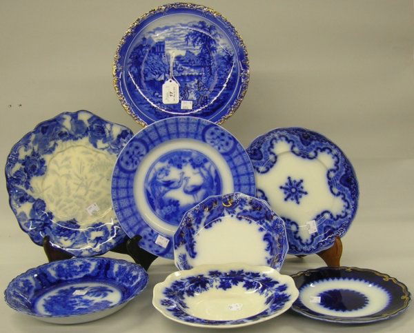***EIGHT FLOW BLUE BOWLS AND PLATE: W.H. Grindley ''Argyle'' pattern, William Adams & Co. shallow bowl ''Kyber'' pattern, Swedish shallow bowl, W.H. Grindley, Doulton Burslem, New Wharf pottery, Johnson Brothers ''Magnolia'' pattern, et