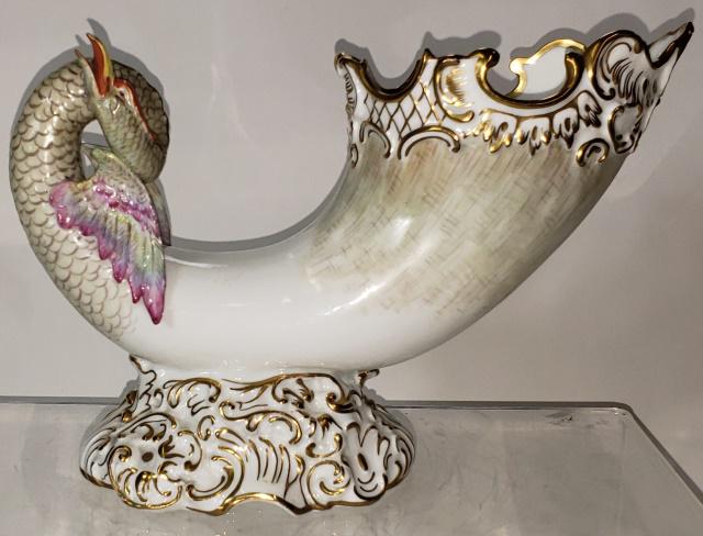 MEISSEN PORCELAIN CORNUCOPIA: Having gilt floral design, tail in the form of a dragon, approximate height 6 5/8", width 9 5/8", depth 4".