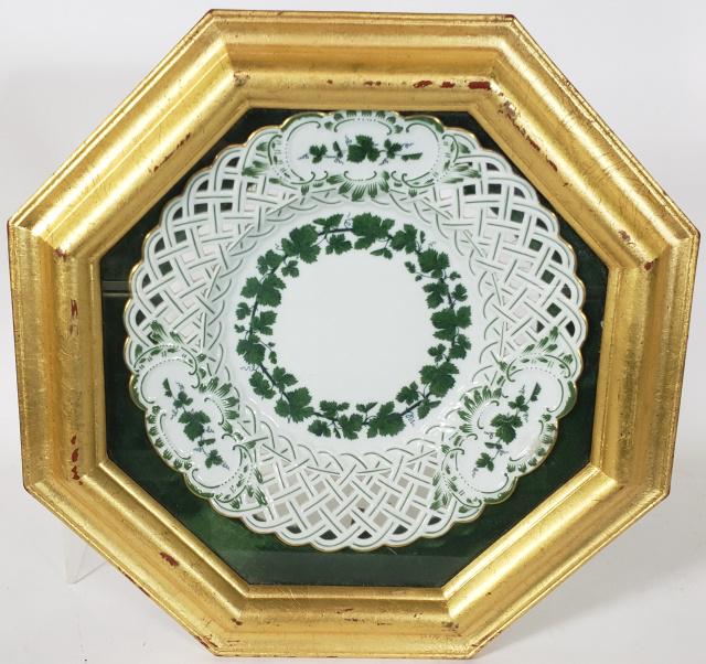 MEISSEN PORCELAIN PLATE: Having reticulated border, with green oak leaf ring, enclosed in octagonal gilt finish frame, approximate height