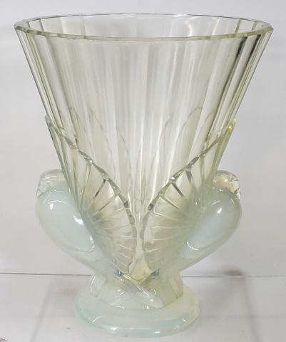 SABINO OPALESCENT GLASS VASE: Multi-faceted, with bird on either side, approximate height 9 7/8".