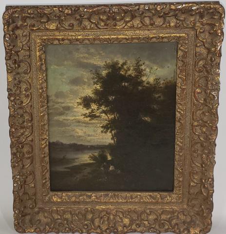 JULES DUPRE: (1811-1889 French), Barbizon style impressionist landscape with figures along the river, framed oil on canvas, signed lower left, approximate canvas 10 1/8" x 8 1/4", frame 14" x 12". from a private c