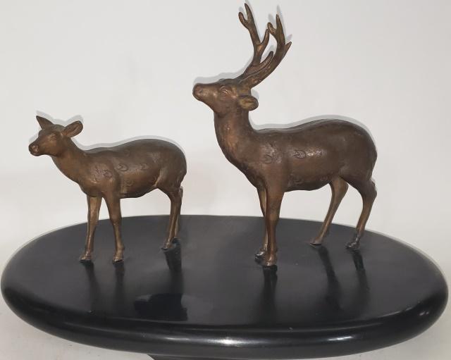 BRASS SCULPTURE: Depicting stag and doe, approximate height with stand 8 7/8", width 12 3/4", depth 8 3/4".