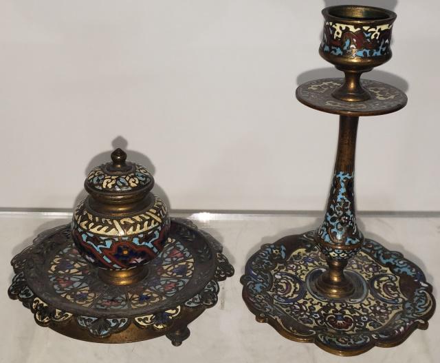 2 PIECES OF CHAMPLEVE: Candle holder, and an inkwell, tallest is 5 1/4".