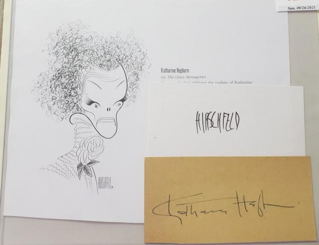 KATHARINE HEPBURN & AL HIRSCHFELD AUTOGRAPHS: 2 autograph cuts, and a print of Katharine Hepburn from Hirschfeld's book, with COA.