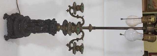 VINTAGE BRONZE CANDELABRA LAMP: Having 4 cherubs circling column, 3 candle arms, approximate height 34".