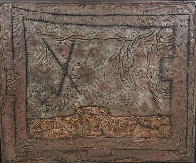 ELWYN LYNN: (1917-1997 Australian), "Harvard Yard", framed oil mixed media painting on canvas, signed & titled verso, also has labels Mazelow Gallery, Canada., and older label from Vincent Price collection from S