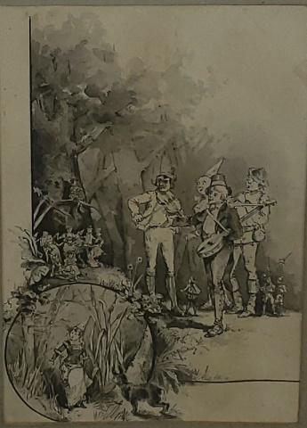 HARRY WHITNEY MCVICKAR (MACVICKER): Harry Whitney McVickar, (1860-1905 American Illustrator), possible illustration for Thumbelina, features fairylike creatures, serenaded by musicians, framed ink and wash on paper, signed in center, ci