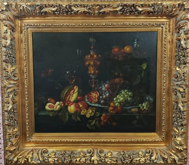 H. KATZ: H. Katz, production painting depicting antique style still life with grapes and fruit on table, signed lower right, approximate work size 20" x 24", frame 32" x 36".