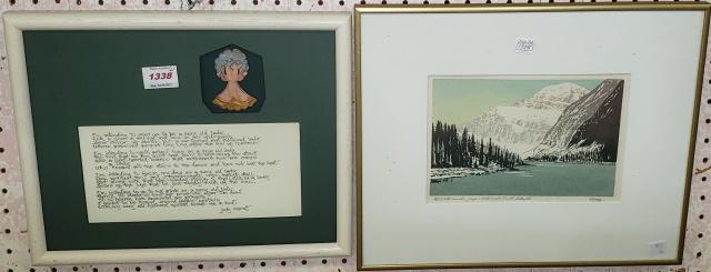 2 FRAMED WORKS: Including etching by George Weber, "Mount Edith in Jasper National Park, 6" x 9", frame 13" x 16", and a painting on wood cut-out by Judy Worst, frame 12" x 15".