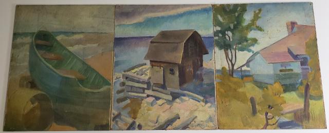 FREDERICA RITTER CUTCHEON: (1904-1983 American), 3 unframed oils on masonite, depicting fishing shacks, landscape and boat, shack and landscape are signed, approximate size 20" x 16".