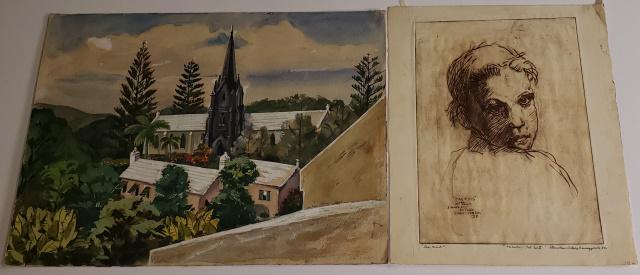 UNKNOWN ARTIST: Old church in Bermuda, watercolor 11 1/2" x 15 3/4", along with a etching on paper "Das Kind", after Raphael by Stanaslais Oswieclynski, dated 1937, 10 1/2" x 7 1/2".
