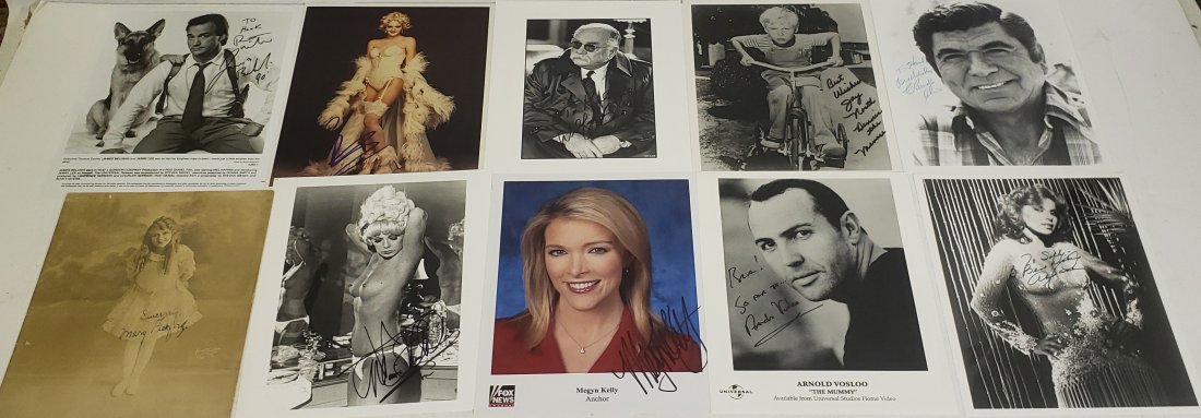 27 AUTOGRAPHED PHOTOGRAPHS: Pierce Brosnan, Kim Basinger, Claude Akins, Jay North (Dennis the Menace), Mary Pickford, Drew Barrymore, Ronnie Milsap, James Belushi, Abbe Lane, Wilford Brimley, Lou Diamond Phillips, Megyn Kelly, A