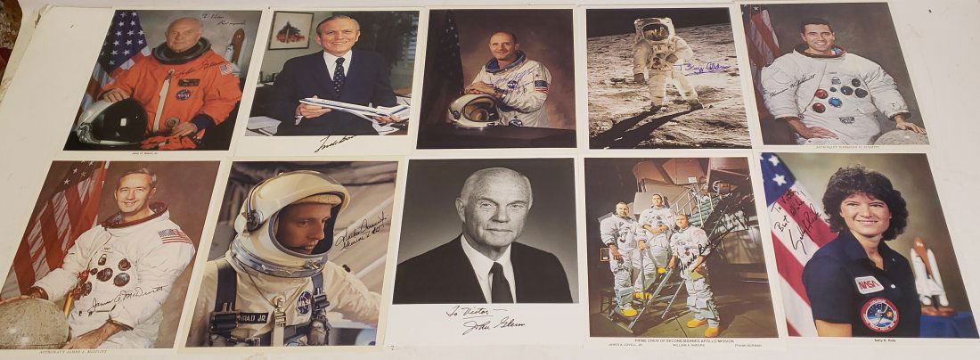 17 AUTOGRAPHED PHOTOGRAPHS: Chuck Yaeger, Buzz Aldrin, Harrison H. Schmitt, Sally Ride, Frank Borman, John Glenn, Charles Conrad, Charles Duke, James McDivitt, Wally Schirra, Fred Haise, Alan L. Bean, James Lovell, Alan B. Shepa