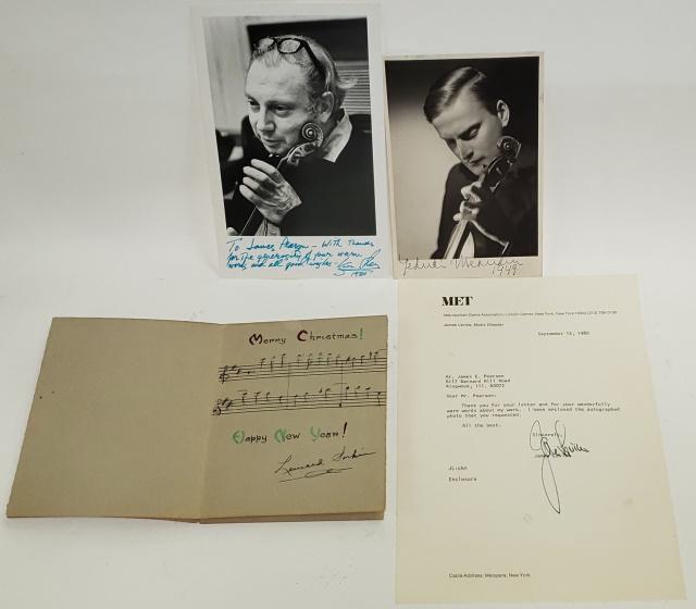 4 MUSICIAN AUTOGRAPHS: Comprising conductor and pianist James Levine signed letter, and 3 violinists, 2 signed photos by Isaac Stern and Yehudi Menuhin, along with a Leonard Sorkin signed Christmas card.