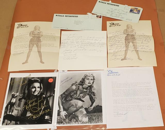 2 SIGNED PIECES: Dressed as Catwoman in Batman TV series, approximate size 8" x 10", inscribed "Eileen and Jack, You're wonderful, Julie Newmar", Irish McCalla, 8" x 10" Black and white photo "Sheena Queen of the Jung