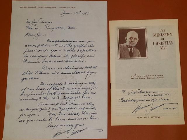 WARNER SALLMAN, 2 SIGNED PIECES: Signed letter to Jim Pearson, and a signed booklet "The Ministry of Christian Art".