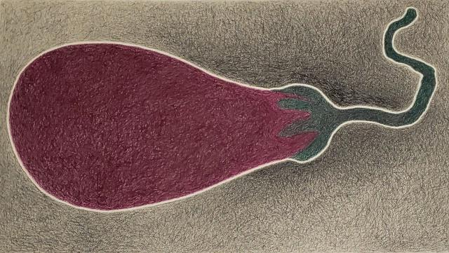 MARGO HOFF: "Eggplant", unframed colored lithograph, signed lower right, titled lower left, held to mat with 3 tape hinges on top, image size 14 1/8" x 24 1/4", paper size 18 1/8" x 28 7/8", mat size 21" x 31".