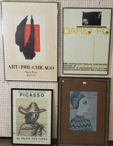 4 FRAMED POSTER PRINTS: Including Picasso, Art-1981-Chicago, Dario Fo, etc., largest frame 39 7/8" x 27 3/4"