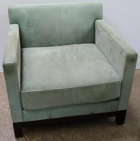 CHRISTIAN LIAIGRE LEATHER LOUNGE CHAIR: Christian Liaigre leather lounge chair for Holly Hunt, greenish color with square wood legs.