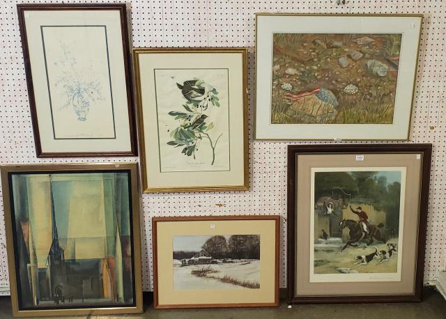 6 FRAMED PRINTS: Including landscape, hunt scene, abstract, Edna Hibel, signed, etc.