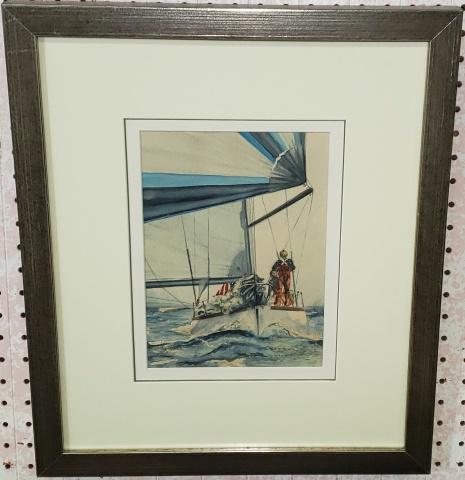MILAN KOUBA: Sail boat with figures, framed watercolor, unsigned, frame size 20" x 17".