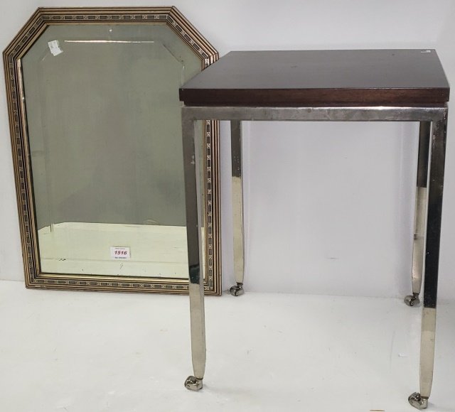 2 PIECES: Contemporary side table having square wood top on chrome base, with wheels at end of legs, approximate height 19", diameter 14" and a wall mirror.
