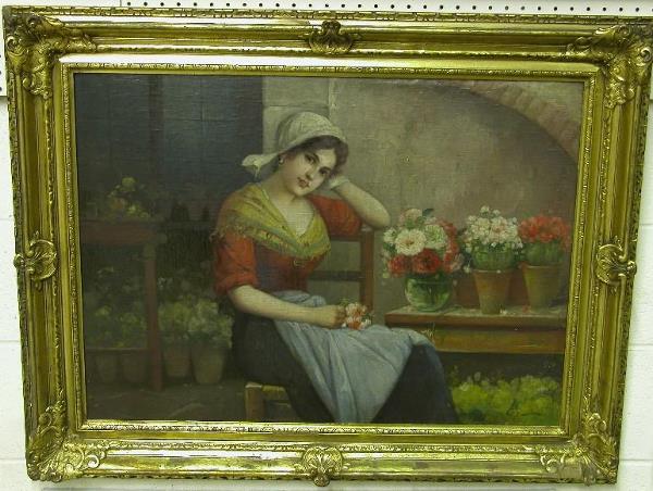 UNKNOWN ARTIST| (19th/20th Century European) Flow: UNKNOWN ARTIST| (19th/20th Century European) Flower vendor, framed oil on canvas mounted to board, image 22 3/4'' x 31'', frame 31'' x 38'', signed indistinctly lower right. CONDITION: Poor, has been