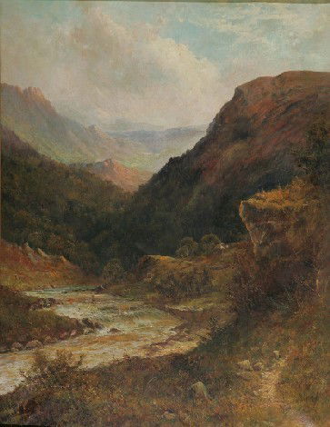 GALLON, ROBERT| (1845-1925 English) ''Veil of Fes: GALLON, ROBERT| (1845-1925 English) ''Veil of Festinog, North Wales'', framed oil on canvas, image 36'' x 28'', frame 49'' x 41'', signed lower right, titled verso/back. CONDITION: Very good, needs cl