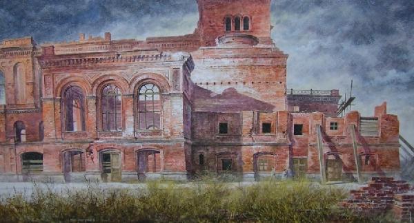 ADDISON, ROBERT: (1924-1988 American) ''Germany Train Station'', unframed tempera on masonite panel, signed lower left, approximate size 20'' x 36'', PROVENANCE: Item comes from the estate of Mrs. Robert Addison.